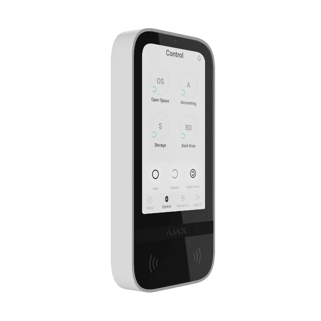 Render – Ajax KeyPad TouchScreen Jeweller - White – front 3_4.webp